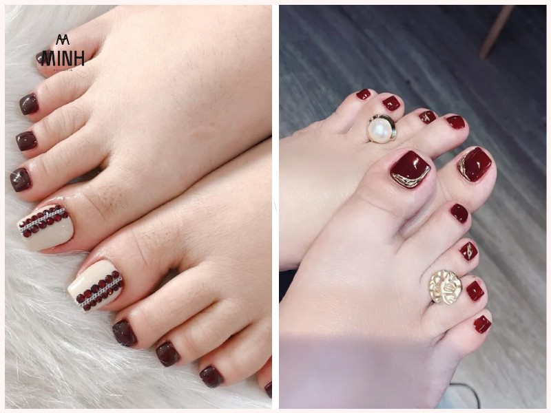 Mẫu nail chân màu đỏ mận