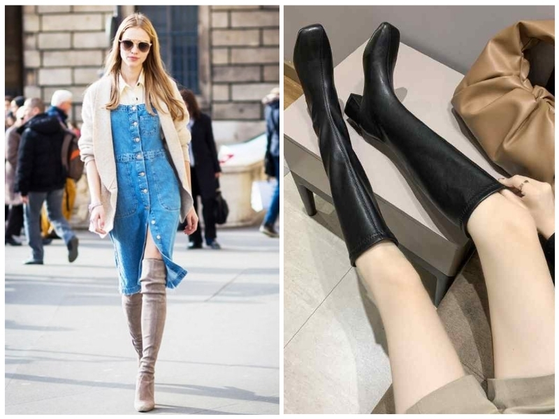 boot cao cổ nữ phối cùng váy yếm