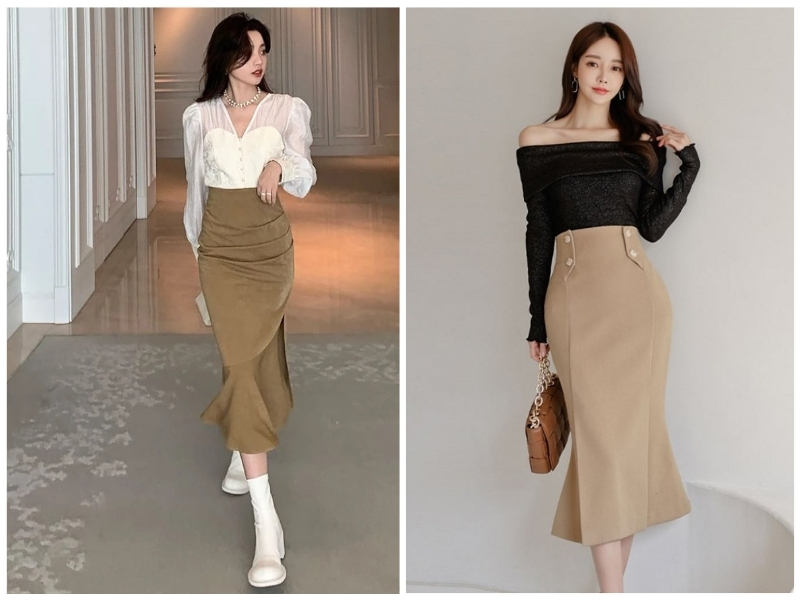 kết hợp chân váy đuôi cá cùng bốt cao cổ nữ