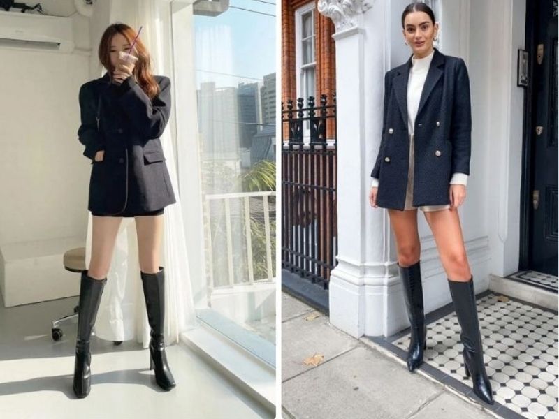 mix blazer cùng giày cao cổ nữ