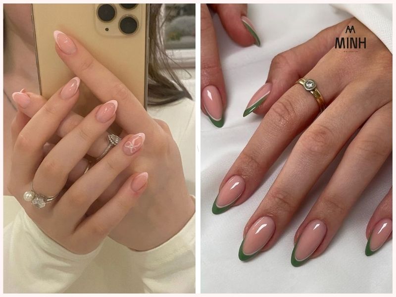 Mẫu nail móng dài đẹp màu nude vẽ đầu móng