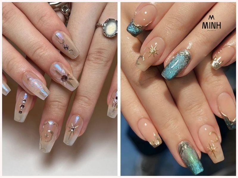 Những mẫu nail đẹp cho móng dài có ánh nhũ