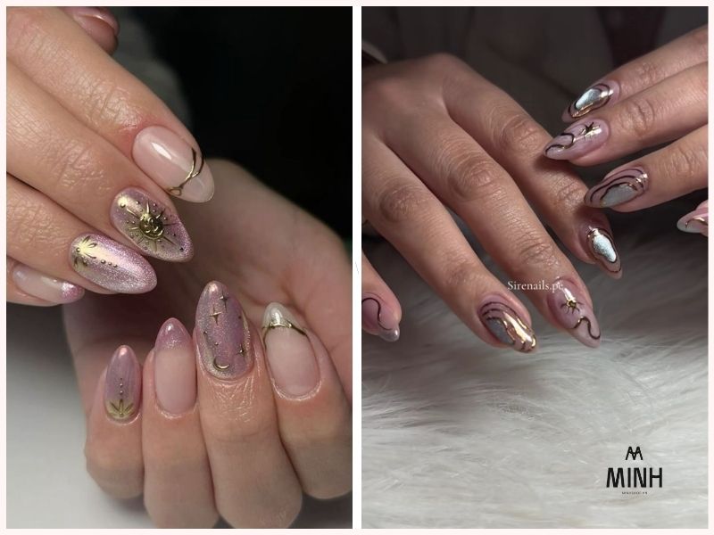 Những mẫu nail đẹp cho móng dài có ánh nhũ