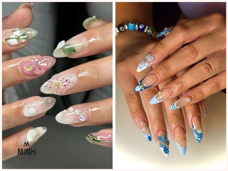 Nail cho móng dài họa tiết hoa nổi