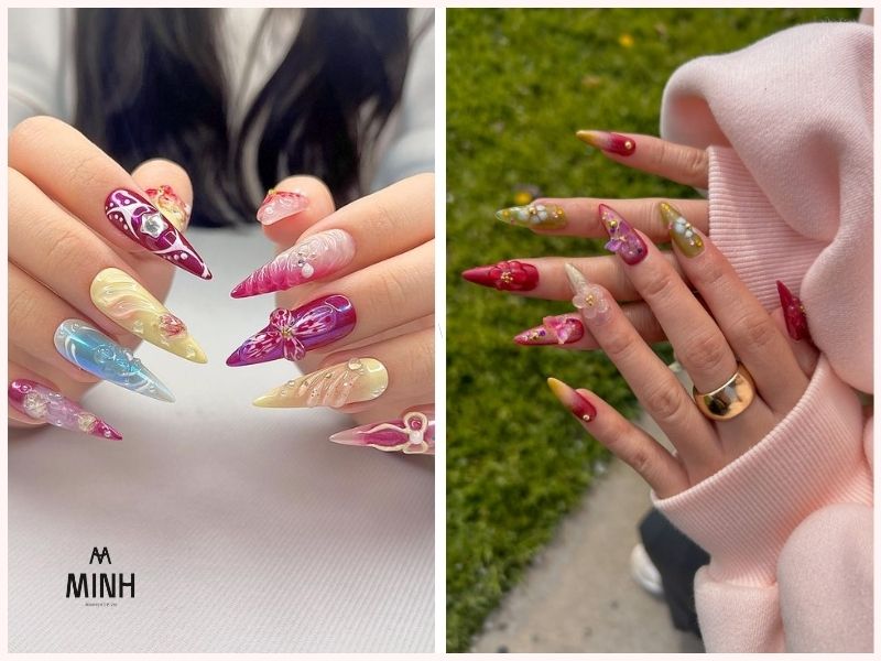 Mẫu nail đẹp cho móng tay dài nhiều màu sắc