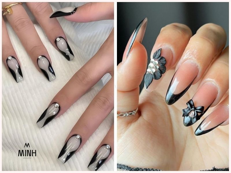 Nail màu đen sơn thạch cho móng dài