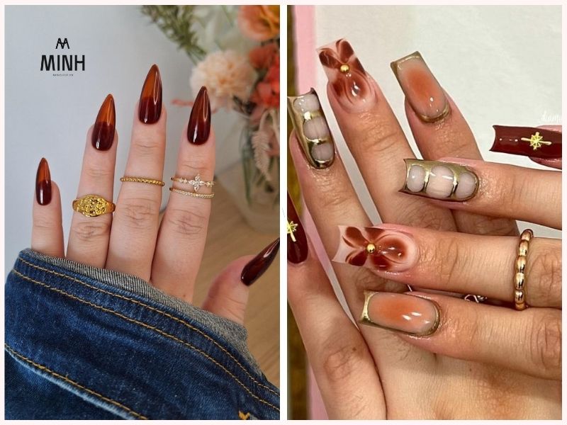 Mẫu nail đẹp cho móng dài màu nâu