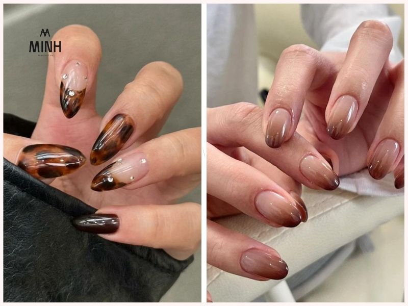 Mẫu nail đẹp cho móng dài màu nâu