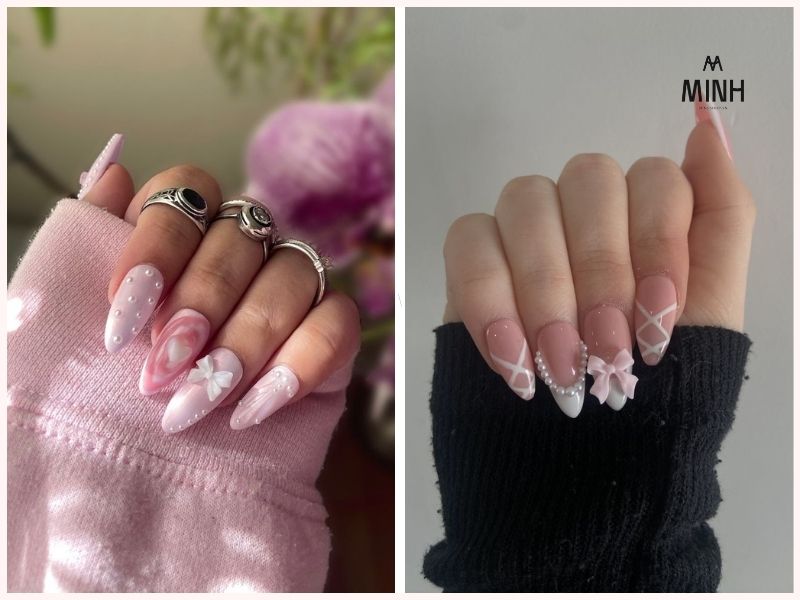 Mẫu nail móng dài đẹp đính nơ trendy