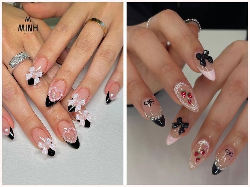 Nail màu trắng đen cá tính cho móng dài