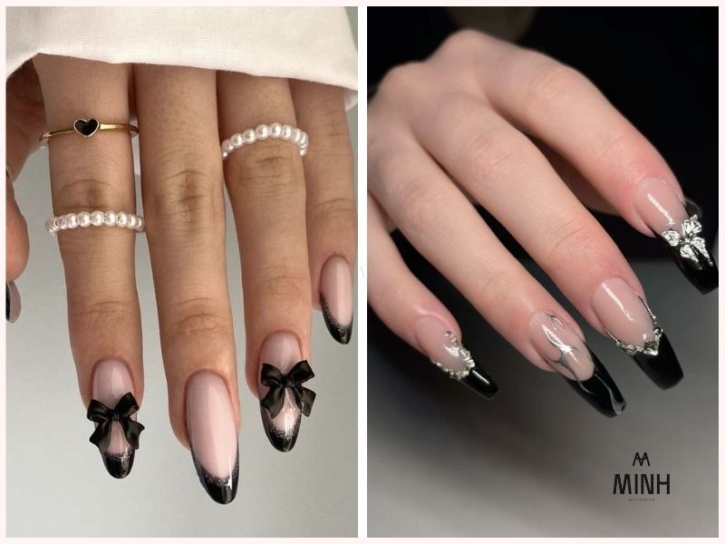 Nail màu trắng đen cá tính cho móng dài