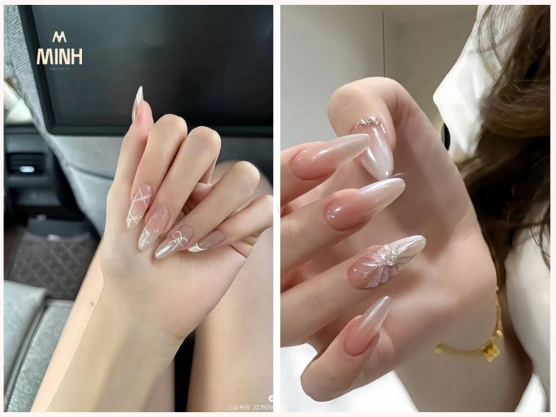 Nail móng dài nhọn màu trắng tráng gương