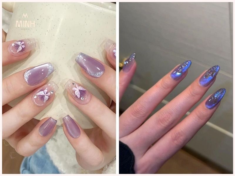 Nail màu tím mắt mèo