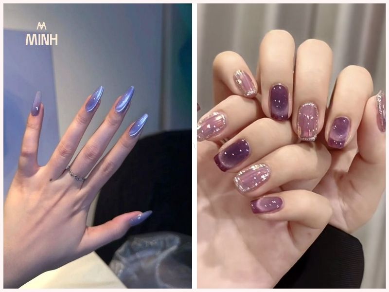 Nail màu tím mắt mèo
