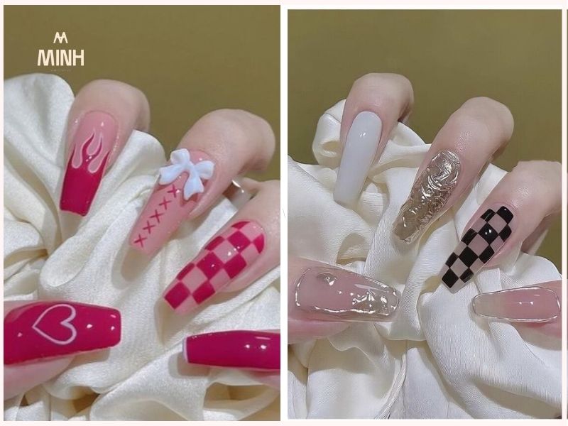 Những mẫu nail caro đẹp cho móng dài
