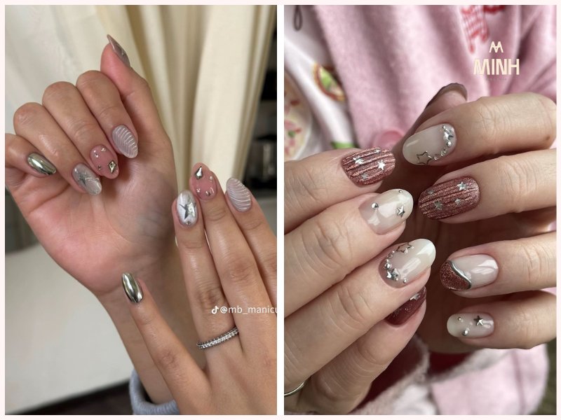 Mẫu nail màu đính đá đơn giản