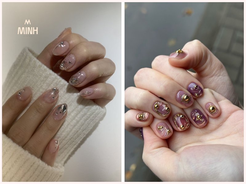 Mẫu nail màu đính đá đơn giản