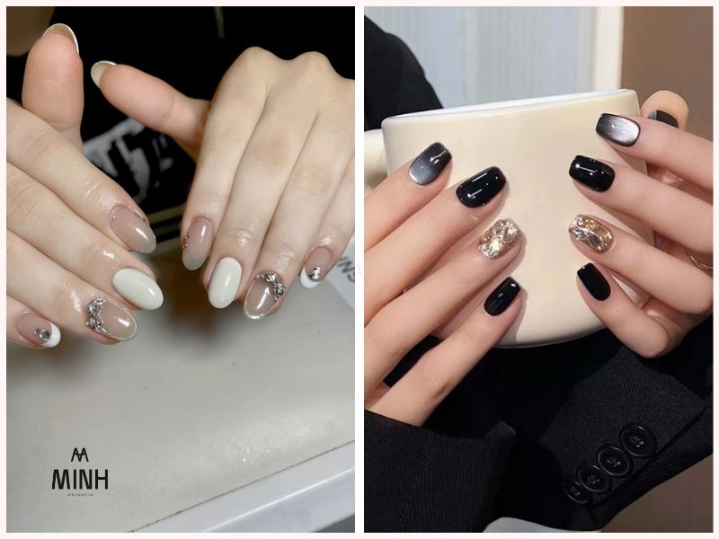 Nail ngắn đính đá đơn giản