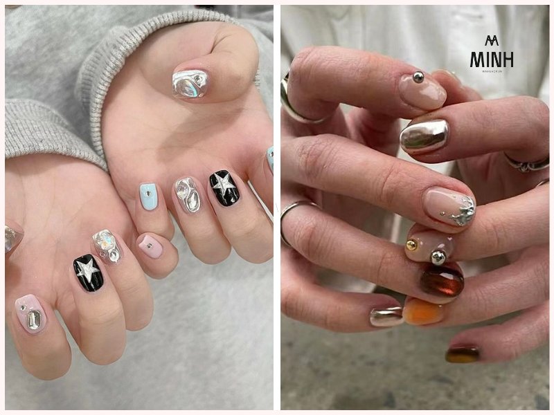 Nail ngắn đính đá đơn giản