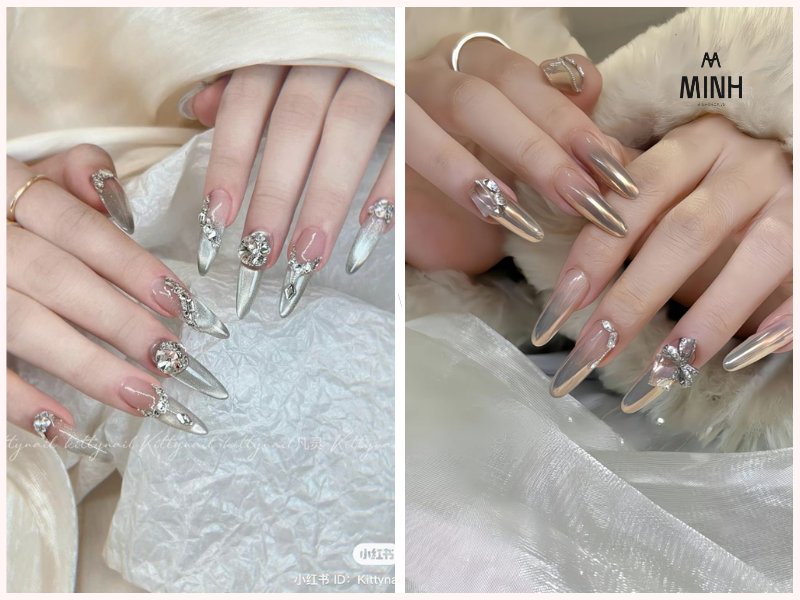 Nail đính đá màu trắng cho cô dâu