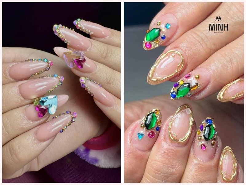 Nail đính đá màu hồng dễ thương