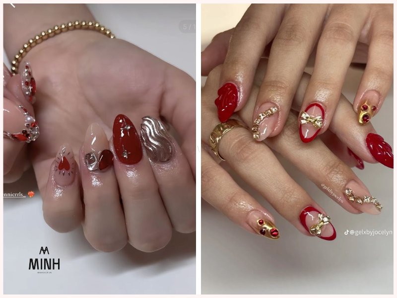 Nail đính đá màu đỏ sang trọng