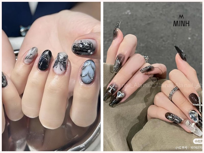 Nail đính đá màu đen cuốn hút