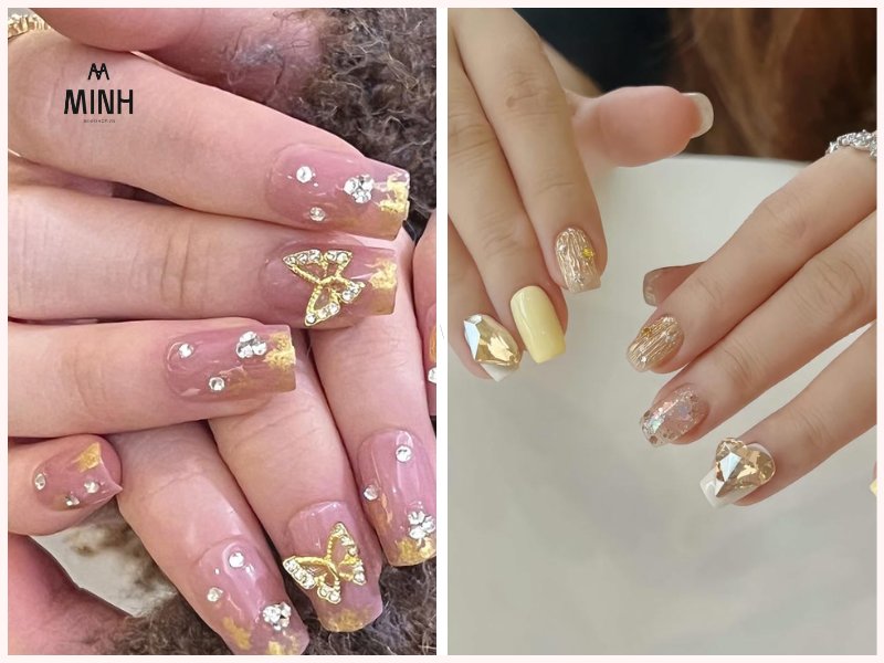 Nail đính đá màu nude