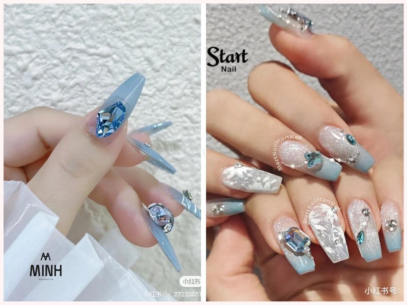 Nail đính đá màu xanh dương tươi mới