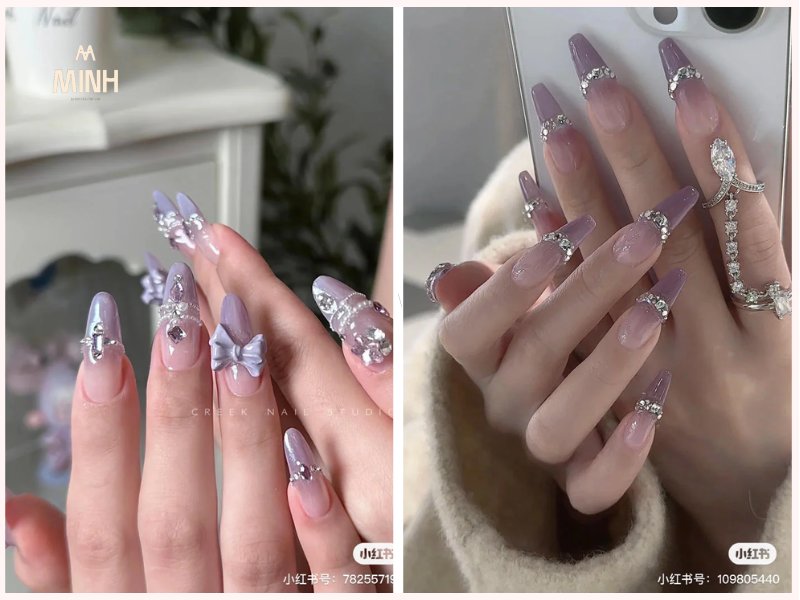 Nail đính đá màu tím nữ tính