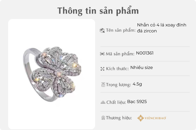Nhẫn cỏ 4 lá xoay đính đá zircon - Viễn Chí Bảo