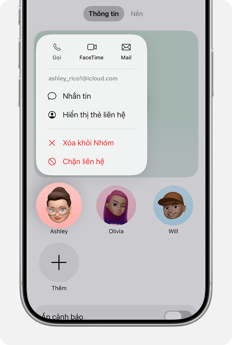 Trên trang nhóm cho tin nhắn nhóm của bạn, chạm và giữ một liên hệ để hiển thị tùy chọn Xóa khỏi nhóm.