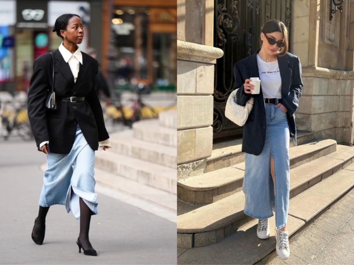 Thanh lịch đi làm với chân váy Jean Dài và áo Blazer