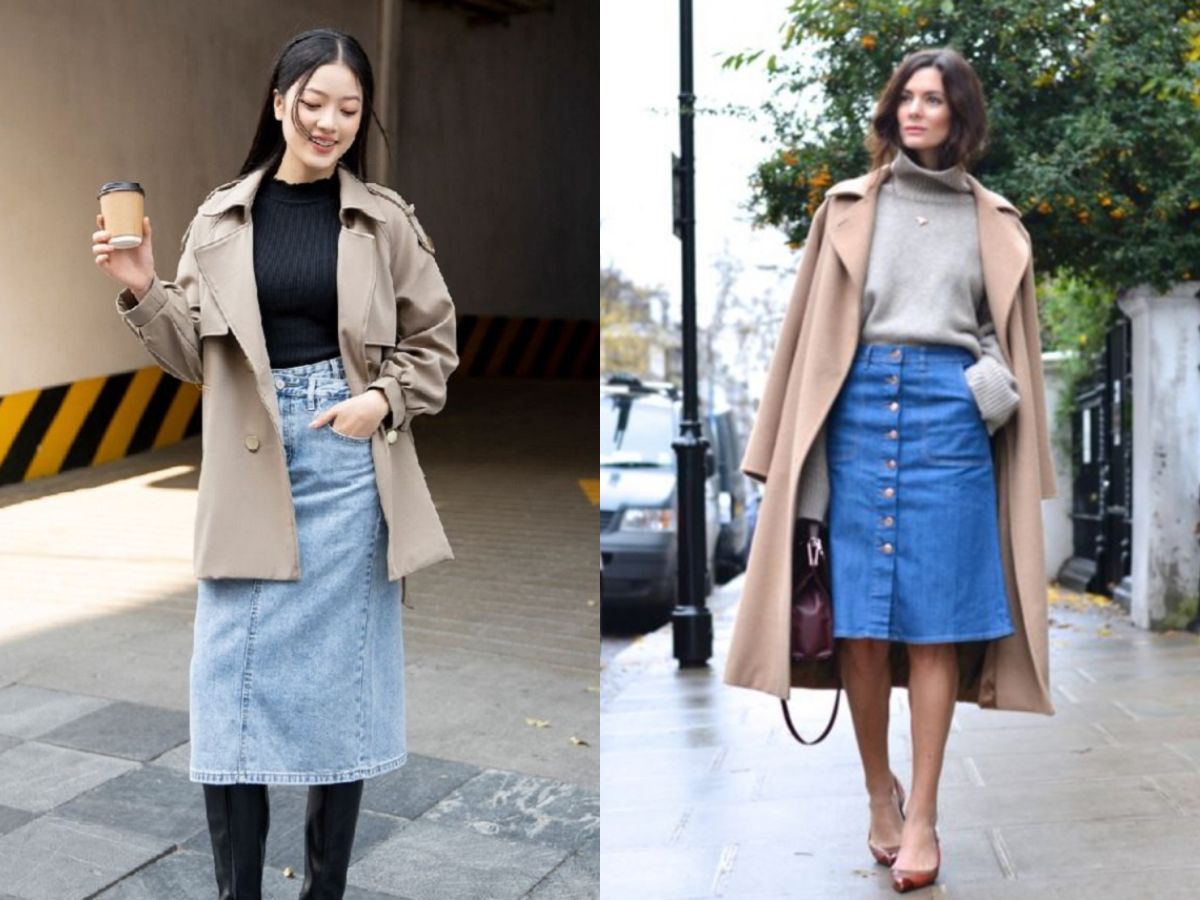 Mix & match chân váy Jean dài cùng áo Khoác dáng dài