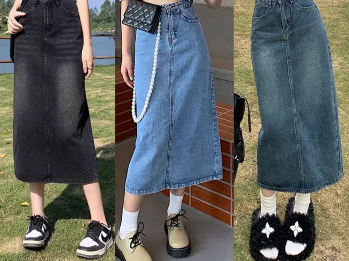 Giày dép là cạ cứng với chân váy jean dài mùa đông