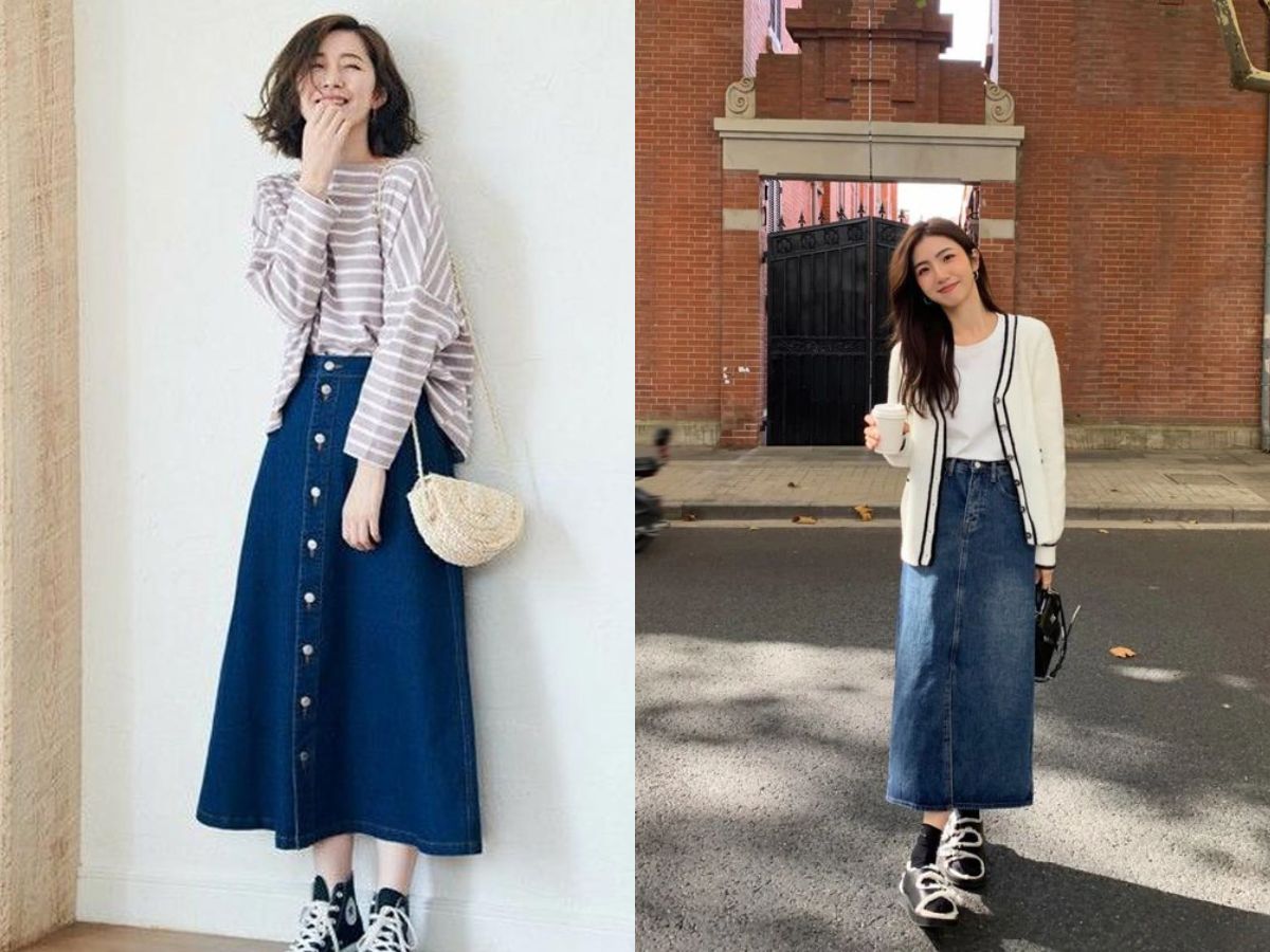 Chân váy jean dài kiểu dáng cho mùa đông ấm áp và hợp trend