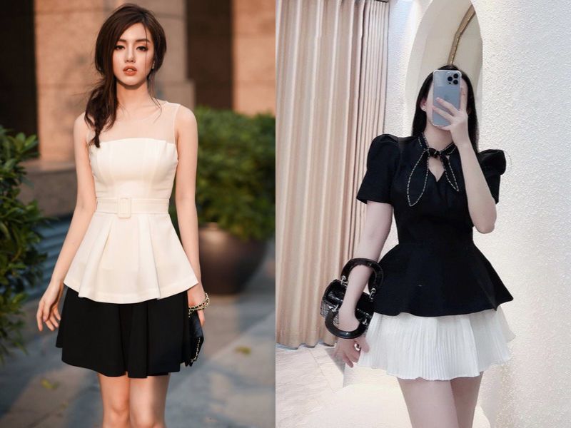 Áo peplum phối chân váy ngắn dáng xòe