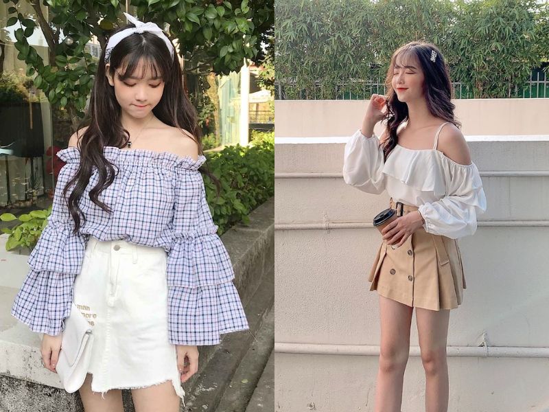 Phối đồ với chân váy ngắn với áo trễ vai