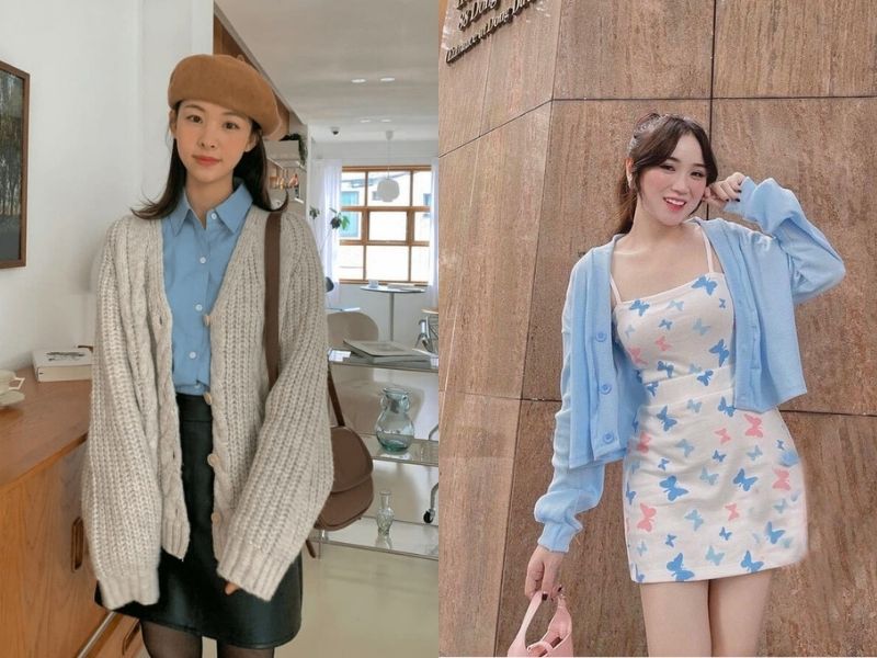Chân váy ngắn họa tiết phối với áo cardigan
