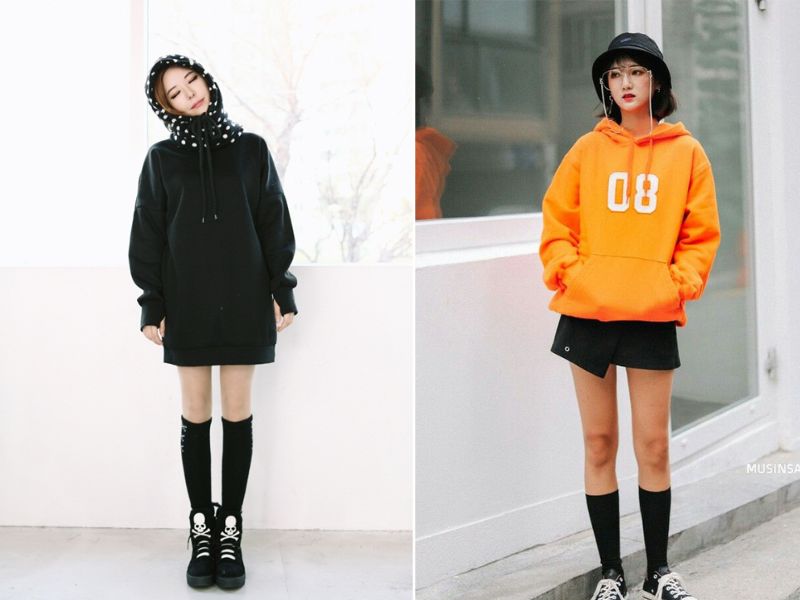 Chân váy ngắn chữ A phối cùng áo hoodie