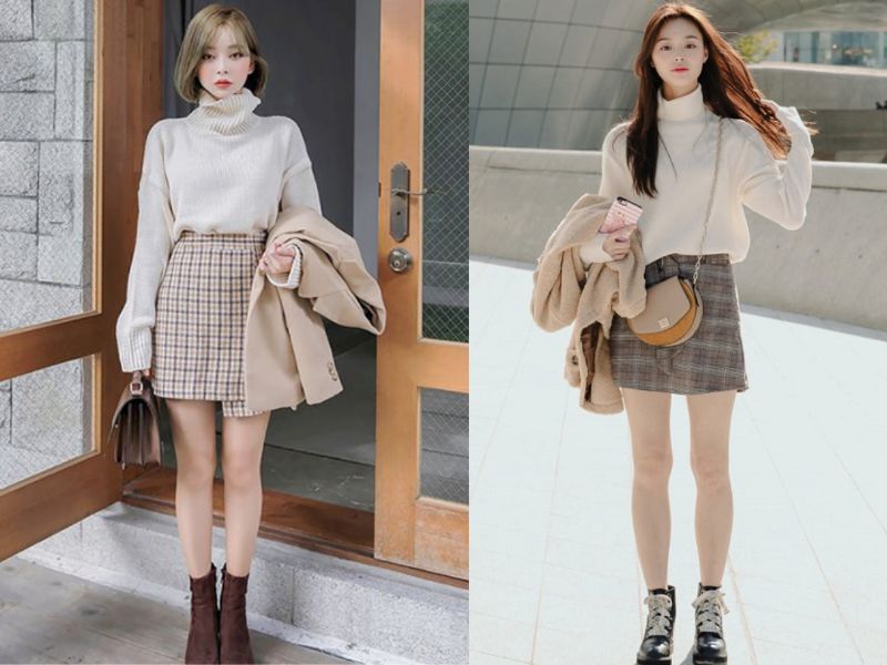 Áo len cổ lọ phối cùng chân váy chữ A ngắn