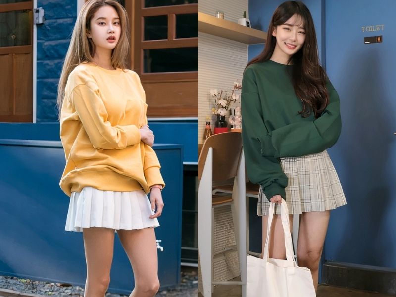 phối đồ với chân váy tennis với áo sweater