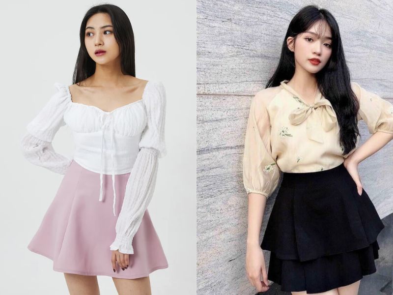 Outfit với chân váy ngắn dáng xòe