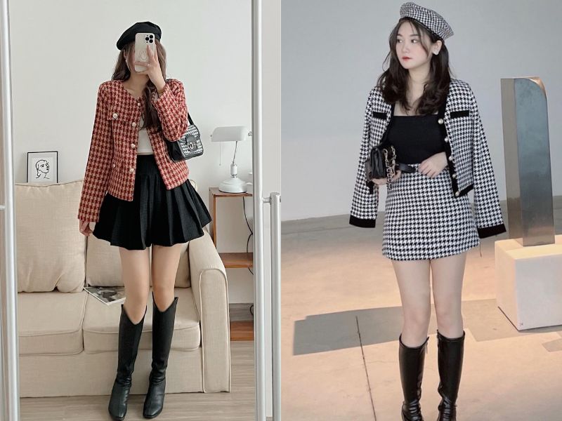 Áo dạ tweed phối cùng chân váy xòe dáng ngắn