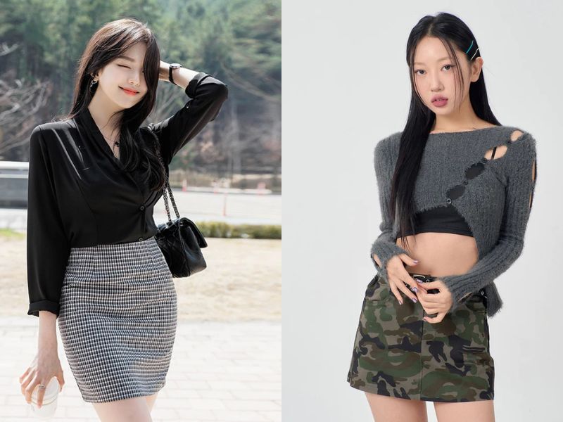 Outfit với chân váy ngắn họa tiết