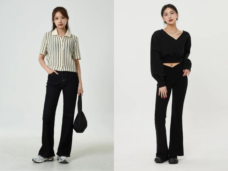 Phối quần ống loe với áo sơ mi và áo kiểu