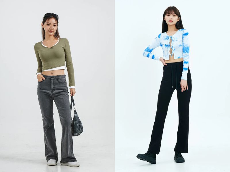 Phối quần ống loe với áo croptop tay dài
