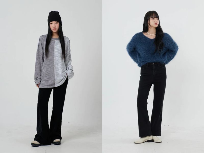 Phối quần ống loe với áo len