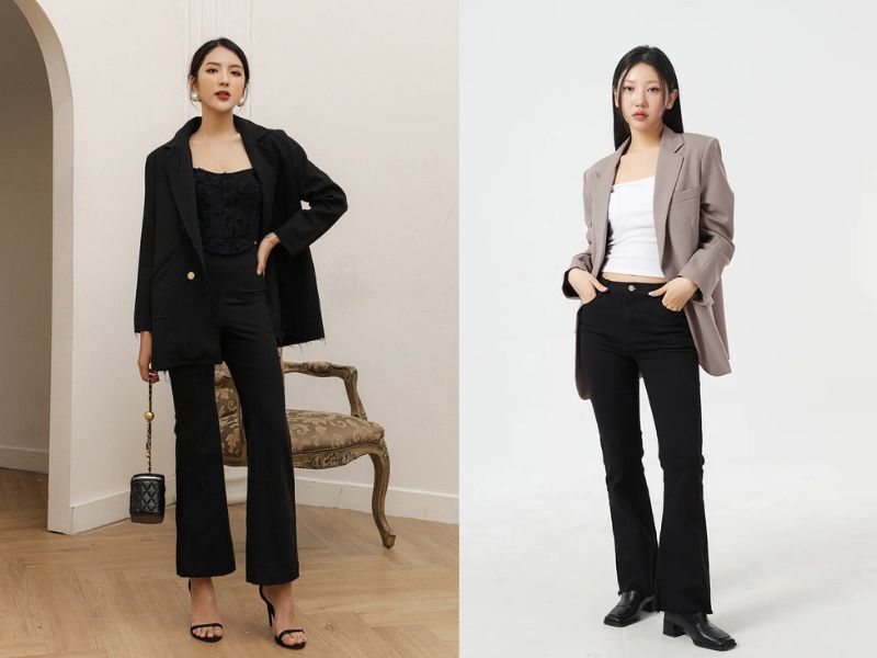 Phối quần ống loe với áo blazer