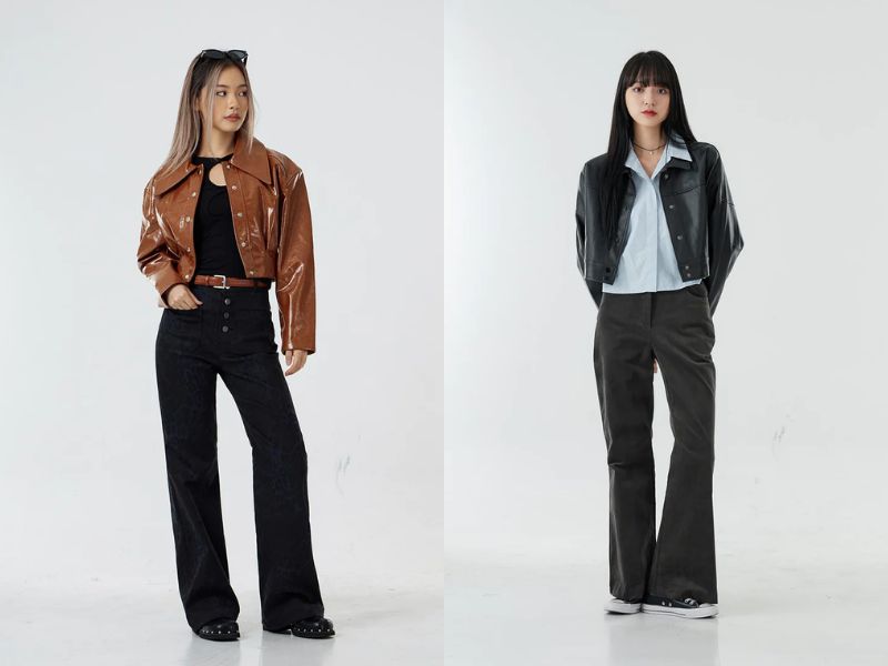 Phối quần ống loe với áo khoác da